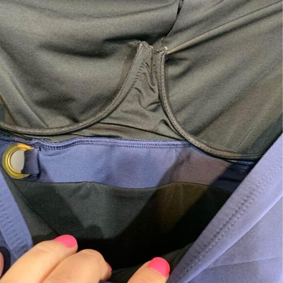 Michael KORS swimsuit. Navy blue. Skirted. Full bottom swimsuit. Gold detail. - Picture 7 of 10